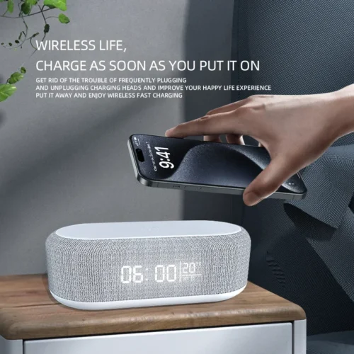 Bluetooth Speaker Wireless Charger Pad, 15W Fast Charging Dock with LED Light and Alarm Clock