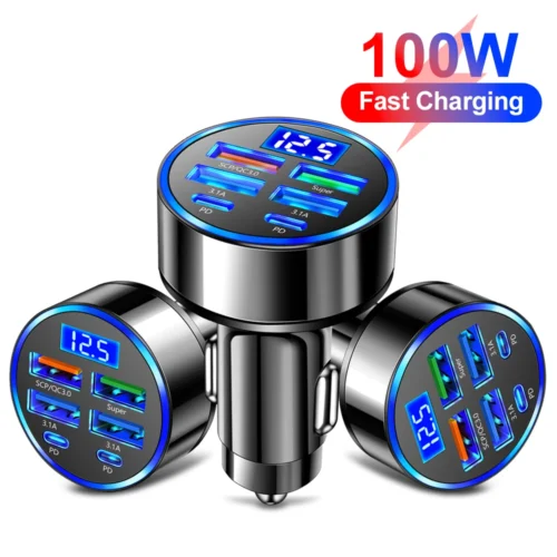 Ultimate 100W 6-Port Car Charger, Fast Charging PD QC3.0 USB-C Adapter with Digital Display