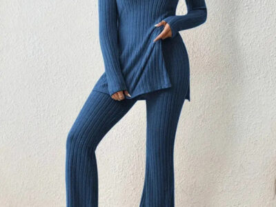 Casual Knitted Two-Piece Set with Slim Fit and Side Slit Detail