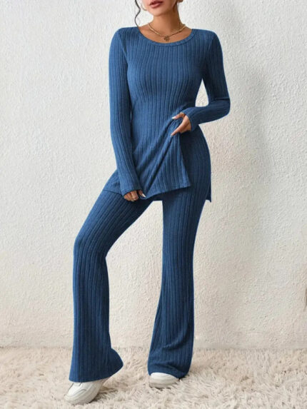 Casual Knitted Two-Piece Set with Slim Fit and Side Slit Detail