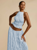 Chic Backless Lace-Up Halter Top & Two-Piece Chiffon Pleated Skirt Set with Stylish Earrings