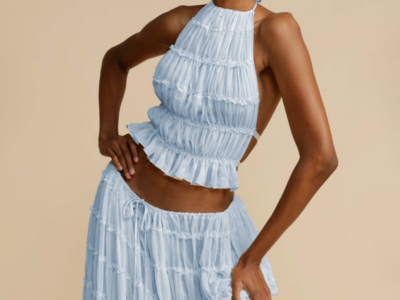 Chic Backless Lace-Up Halter Top & Two-Piece Chiffon Pleated Skirt Set with Stylish Earrings