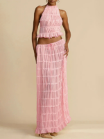 Chic Backless Lace-Up Halter Top & Two-Piece Chiffon Pleated Skirt Set with Stylish Earrings