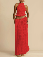 Chic Backless Lace-Up Halter Top & Two-Piece Chiffon Pleated Skirt Set with Stylish Earrings