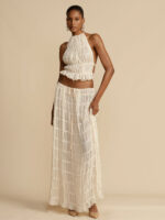 Chic Backless Lace-Up Halter Top & Two-Piece Chiffon Pleated Skirt Set with Stylish Earrings