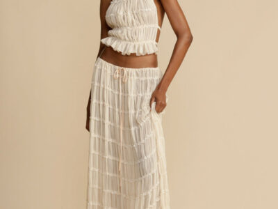 Chic Backless Lace-Up Halter Top & Two-Piece Chiffon Pleated Skirt Set with Stylish Earrings