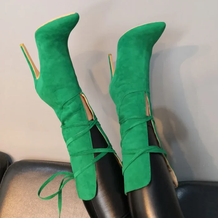 Green Lace-Up Mid-Calf High Heel Boots for Women – Pointed Toe Party Shoes, Spring Fashion