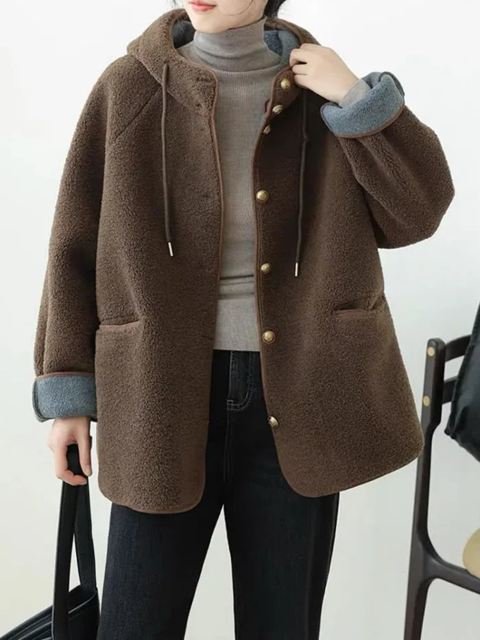 Women’s Hooded Lamb Wool Jacket – Korean Casual Single-Breasted Thick Winter Coat