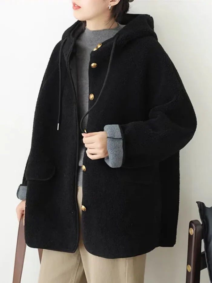 Women’s Hooded Lamb Wool Jacket – Korean Casual Single-Breasted Thick Winter Coat