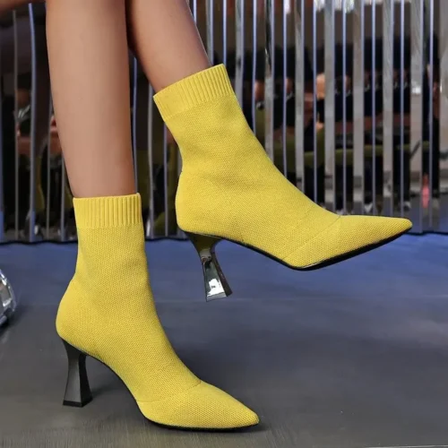 Women's Knitted High Heel Chelsea Boots – Pointed Toe, Thin Ankle Sock Boots, Winter 2024 Trend