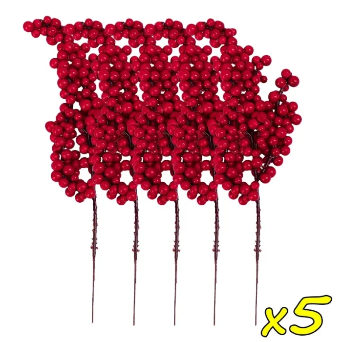 Artificial Red Holly Berry Stems – Christmas Fake Flowers for Xmas Tree, New Year Party, and Home Decor