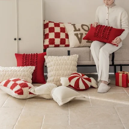 Nordic Modern Christmas Cushion Cover – Red, Cream, Beige Pillowcase with Fashionable Decorative Design