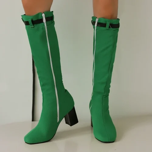 Women's Knee-High Flock Boots – Zipper Heeled Sock Boots, Black, Green Blue, Sizes up to 45