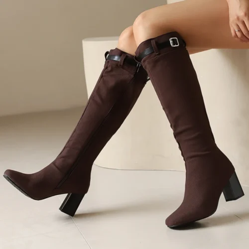 Women's Knee-High Flock Boots – Zipper Heeled Sock Boots, Black, Green Blue, Sizes up to 45