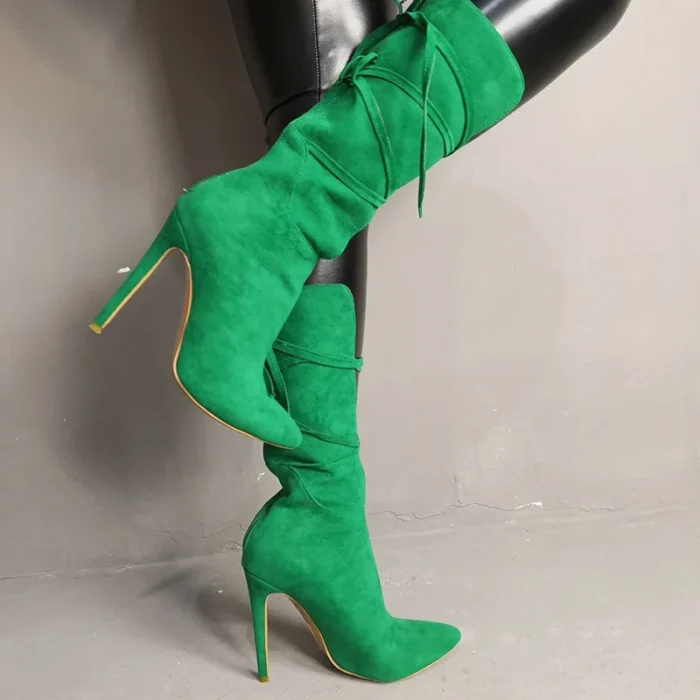 Green Lace-Up Mid-Calf High Heel Boots for Women – Pointed Toe Party Shoes, Spring Fashion