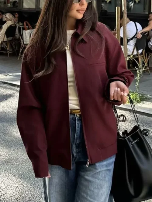 Burgundy Vintage Canvas Jacket for Women – Zipper Casual Long Sleeve Cardigan, Chic Outwear