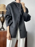 Petite Woolen Hooded Jacket – Casual, Single Breasted, Short, Loose Fit, Autumn/Winter Coat