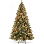 Pre-Lit Hinged Artificial Christmas Tree – Frosted Pine with 818 Flocked Tips, 58 Pine Cones, 58 Berries, 250 Lights