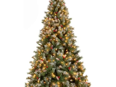 Pre-Lit Hinged Artificial Christmas Tree – Frosted Pine with 818 Flocked Tips, 58 Pine Cones, 58 Berries, 250 Lights