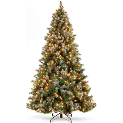 Pre-Lit Hinged Artificial Christmas Tree – Frosted Pine with 818 Flocked Tips, 58 Pine Cones, 58 Berries, 250 Lights