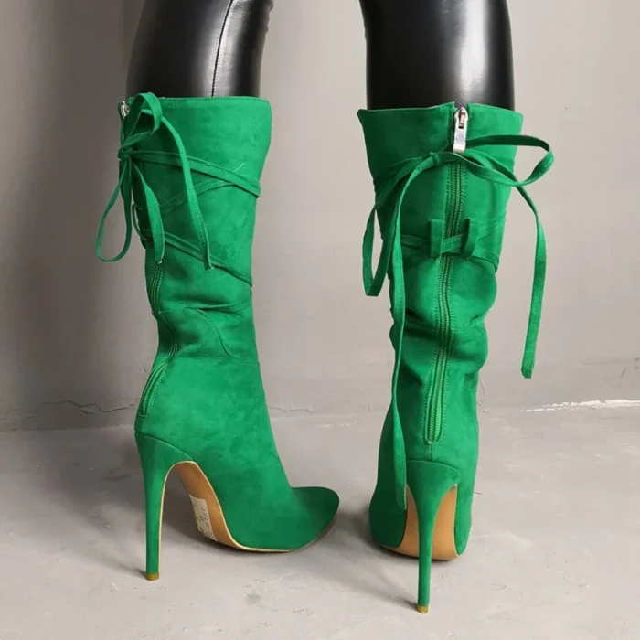 Green Lace-Up Mid-Calf High Heel Boots for Women – Pointed Toe Party Shoes, Spring Fashion