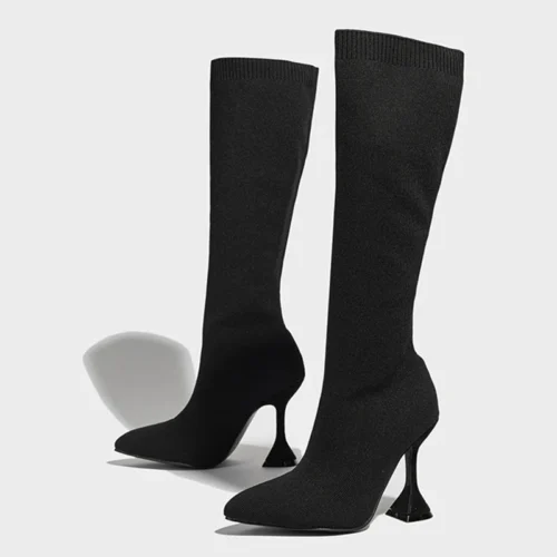 Green Knee-High Stretch Sock Boots for Women – Pointed Toe, Unique Heels, Winter Party Shoes