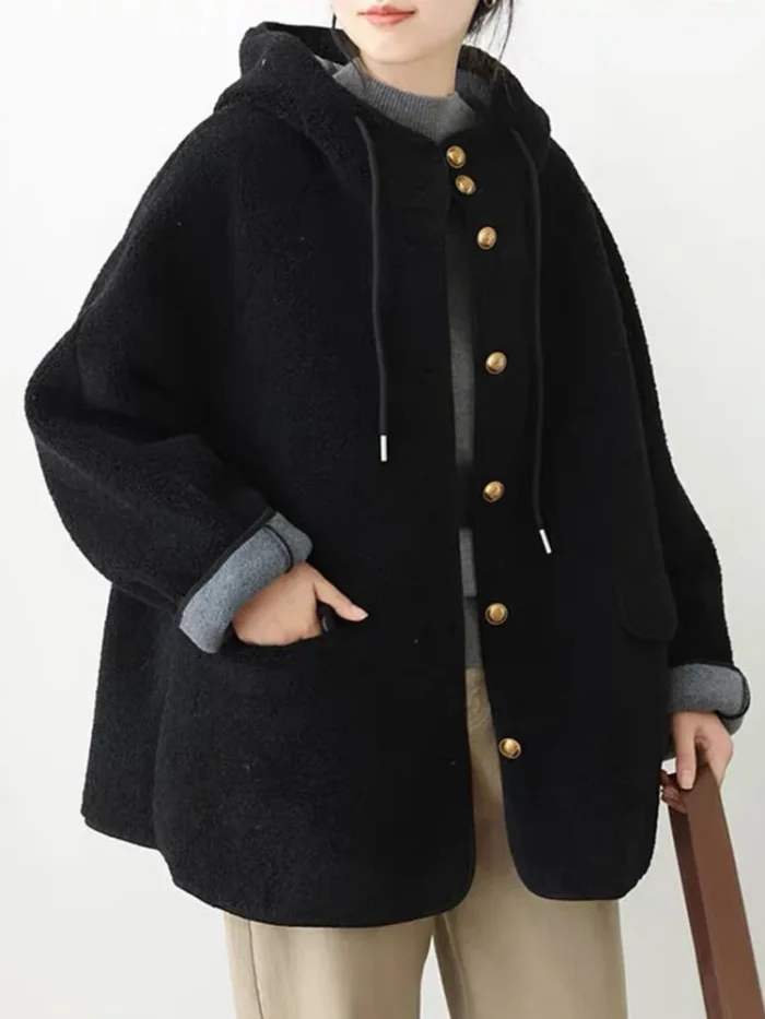 Women’s Hooded Lamb Wool Jacket – Korean Casual Single-Breasted Thick Winter Coat