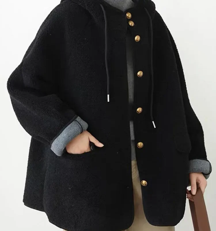 Women’s Hooded Lamb Wool Jacket – Korean Casual Single-Breasted Thick Winter Coat