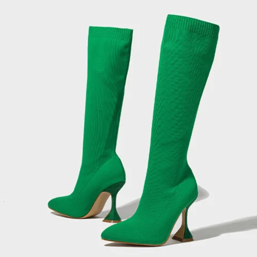 Green Knee-High Stretch Sock Boots for Women – Pointed Toe, Unique Heels, Winter Party Shoes
