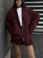 Burgundy Vintage Canvas Jacket for Women – Zipper Casual Long Sleeve Cardigan, Chic Outwear