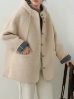 Women’s Hooded Lamb Wool Jacket – Korean Casual Single-Breasted Thick Winter Coat