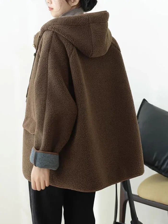 Women’s Hooded Lamb Wool Jacket – Korean Casual Single-Breasted Thick Winter Coat