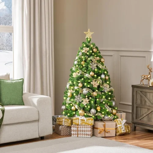 6ft Pre-Lit Snow Flocked Christmas Tree – 250 Warm Incandescent Lights, Foldable Stand