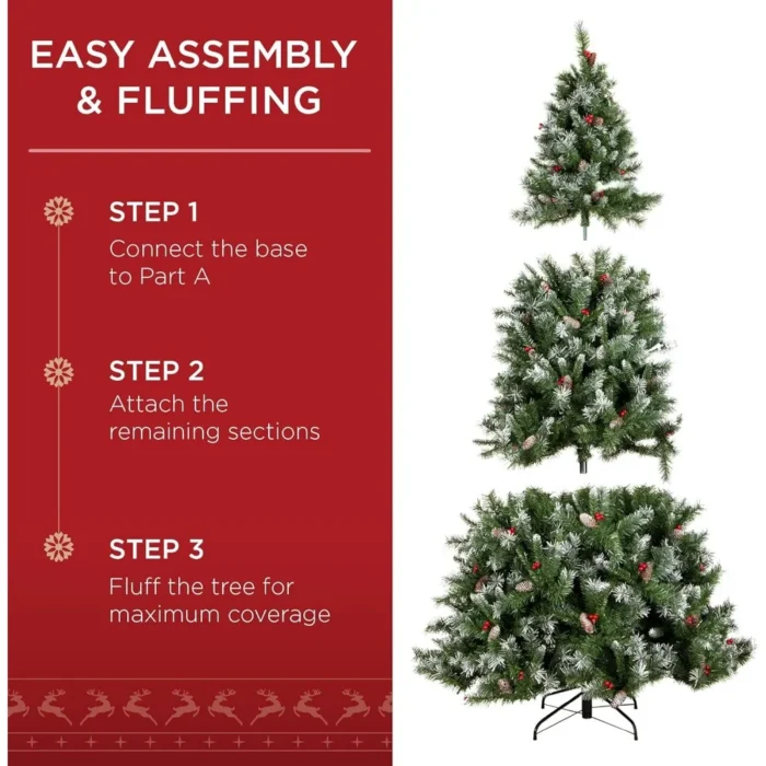 Pre-Lit Hinged Artificial Christmas Tree – Frosted Pine with 818 Flocked Tips, 58 Pine Cones, 58 Berries, 250 Lights