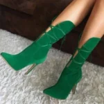 Green Lace-Up Mid-Calf High Heel Boots for Women – Pointed Toe Party Shoes, Spring Fashion