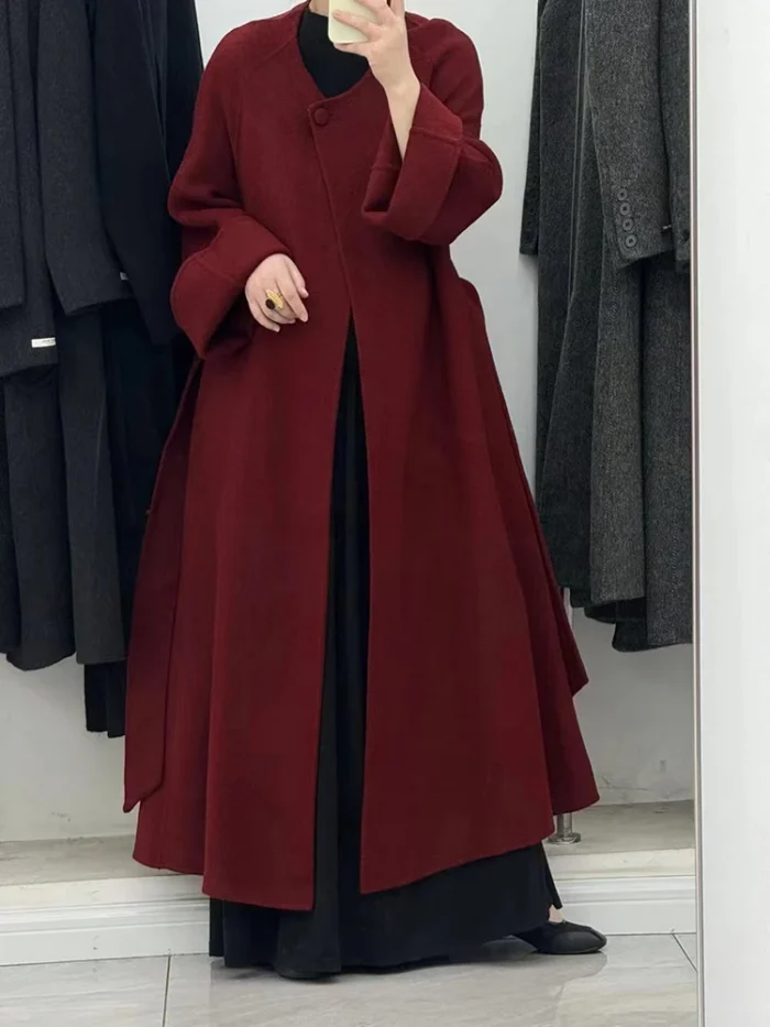 High-End Double-Sided Wool Coat for Women – Round Neck, Long Sleeve, Loose Winter Fashion