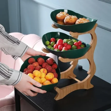 3-Tier Plate Holder Set – Table Fruit Bowl, Candy & Cake Trays with Wooden Partitioned Plates