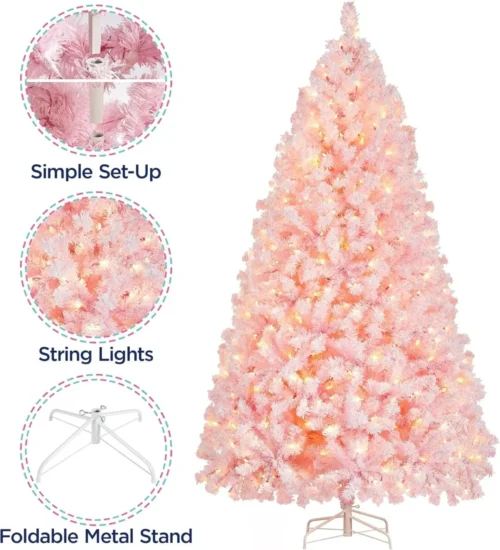 6ft Pre-Lit Snow Flocked Christmas Tree – 250 Warm Incandescent Lights, Foldable Stand