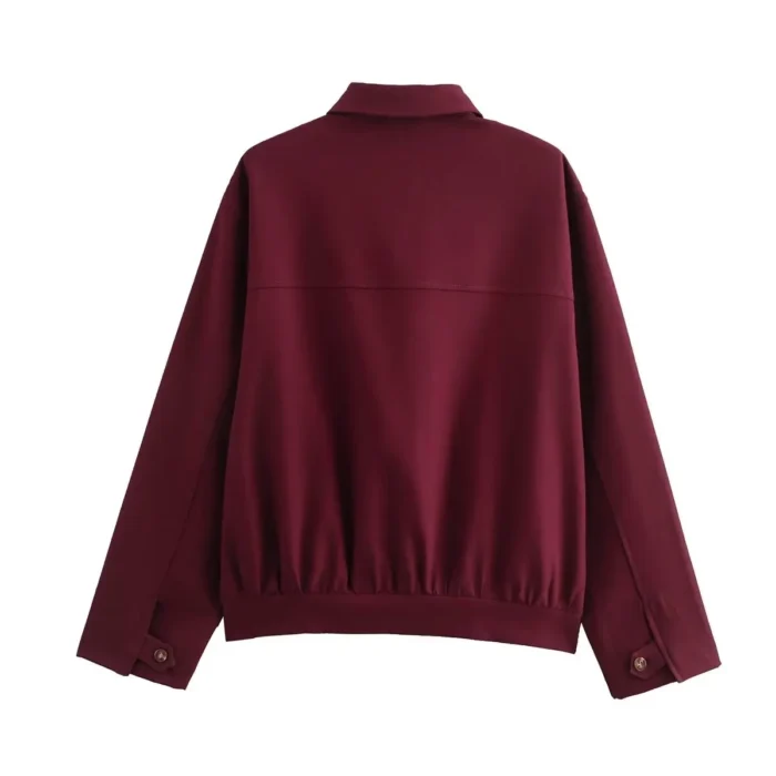 Burgundy Vintage Canvas Jacket for Women – Zipper Casual Long Sleeve Cardigan, Chic Outwear