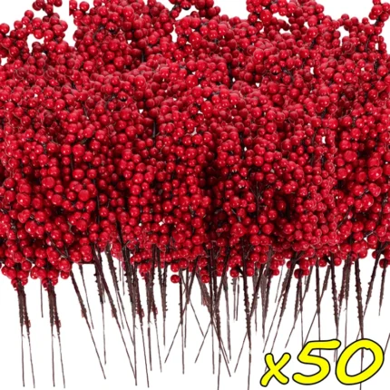 Artificial Red Holly Berry Stems – Christmas Fake Flowers for Xmas Tree, New Year Party, and Home Decor