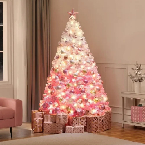 6ft Pre-Lit Snow Flocked Christmas Tree – 250 Warm Incandescent Lights, Foldable Stand
