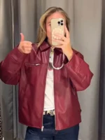 Burgundy Leather Women's Jacket – Vintage Zipper Lapel Bomber, Long Sleeve Motorcycle Outerwear