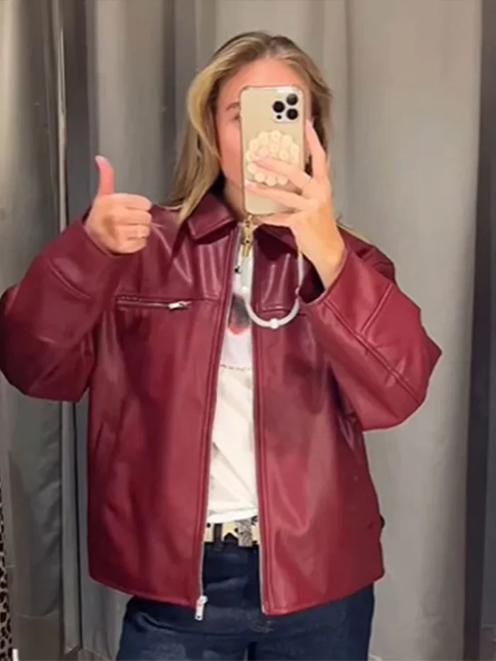 Burgundy Leather Women's Jacket – Vintage Zipper Lapel Bomber, Long Sleeve Motorcycle Outerwear