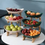 3-Tier Plate Holder Set – Table Fruit Bowl, Candy & Cake Trays with Wooden Partitioned Plates