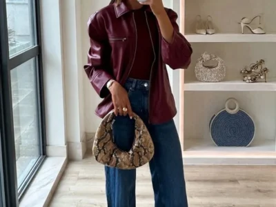 Burgundy Leather Women's Jacket – Vintage Zipper Lapel Bomber, Long Sleeve Motorcycle Outerwear