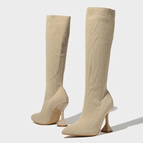 Green Knee-High Stretch Sock Boots for Women – Pointed Toe, Unique Heels, Winter Party Shoes