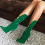 Green Lace-Up Mid-Calf High Heel Boots for Women – Pointed Toe Party Shoes, Spring Fashion