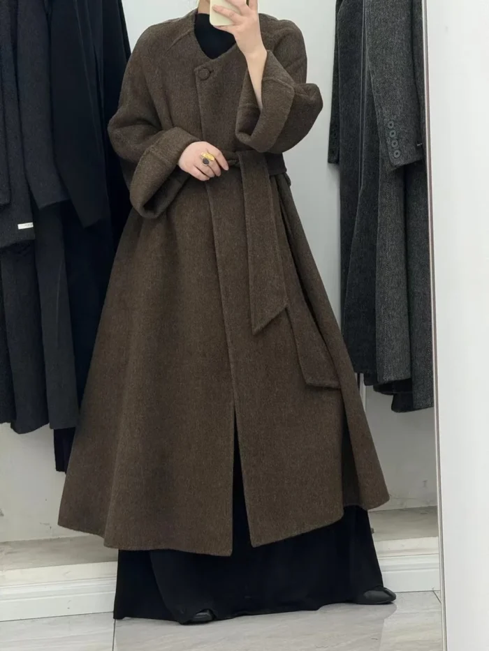 High-End Double-Sided Wool Coat for Women – Round Neck, Long Sleeve, Loose Winter Fashion