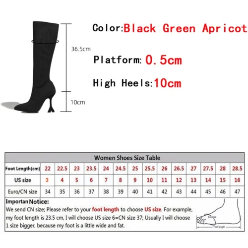 Green Knee-High Stretch Sock Boots for Women – Pointed Toe, Unique Heels, Winter Party Shoes