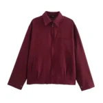 Burgundy Vintage Canvas Jacket for Women – Zipper Casual Long Sleeve Cardigan, Chic Outwear